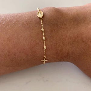 14K Yellow Gold Rosary Bracelet, Solid Gold Rosary Bracelet, Miraculous Virgin Mary Medal and Cross Bracelet, Religious Jewelry For Women