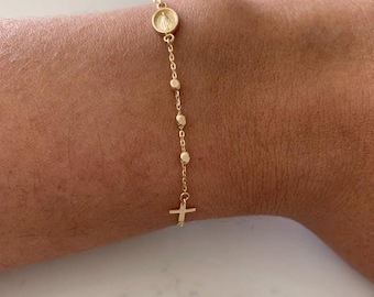 14K Gelbgold Rosenkranz Armband, Rosenkranz Armband aus Massivgold, Wunderbare Jungfrau Maria Medaille und Kreuz Armband, religiöser Schmuck für Frauen