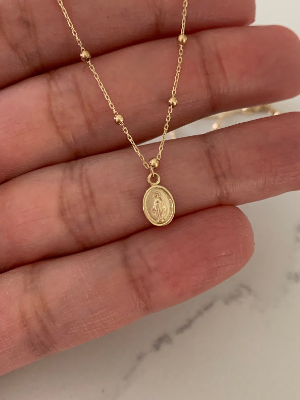 14k Solid Gold Tiny Beads Necklace, Mini Our Lady of Miracle Pendant, Dainty Necklace, Layering Necklace, 16" Necklace