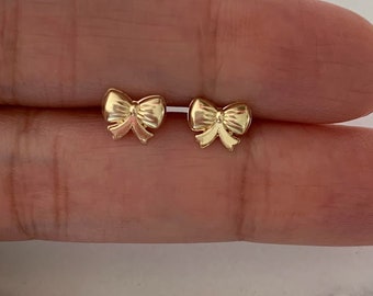 14K Solid Gold Bow Oorbellen, Schroefruggen, Solid Gold, Gold Bow Oorbellen, Sierlijke Ribbon Bow Stud Oorbellen, Lasso Oorbellen