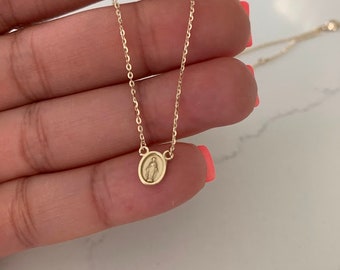 14K Yellow Gold Dainty Solid Gold Miraculous Virgin Mary, Tiny Virgin Medal Necklace, Religious Jewelry For Women, Virgin Mary Necklace