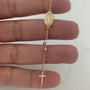 14K Yellow Gold Rosary Bracelet, Solid Gold Rosary Bracelet, Miraculous Virgin Mary Medal and Cross Bracelet, Religious Jewelry For Women