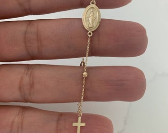 Pulsera de rosario de oro amarillo de 14 quilates, pulsera de rosario de oro macizo, pulsera con medalla y cruz de la Virgen María milagrosa, joyería religiosa para mujer