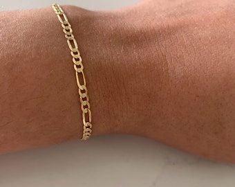 14K Figaro Bracelet 3.1MM, Figaro 3+1 Chain, Real Solid 14K Yellow Gold, Figaro Link Bracelet,  Women,  Gifts for Her, Everyday Bracelet
