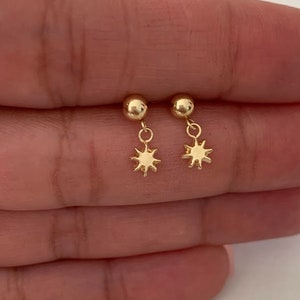 Drop Tiny Star Studs Earrings, 14K Yellow Gold, Star Earrings, Starburst Yellow Gold Studs, 14K Gold Earrings, Drop Earrings
