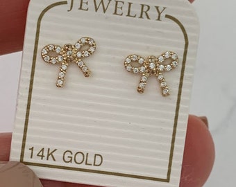 14K Solid Gold Bow Oorbellen, Schroefruggen, Solid Gold, Gold Bow Oorbellen, Sierlijke Ribbon Bow Stud Oorbellen, Lasso Oorbellen