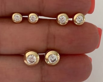 14K Yellow Gold Bezel Stud Earrings, Solitaire Earrings, Cubic Zirconia Studs, 5MM, 6MM, 8MM,  14K Gold Bezel Set, 14k Gold Earrings