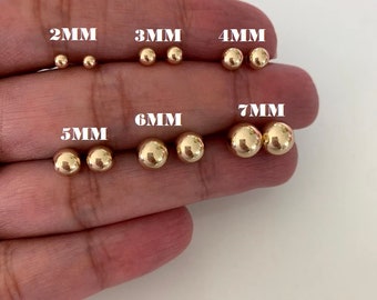 14K Solid Gold Button Ball Earrings, High Polish, 2MM,3MM, 4MM, 5MM, 6MM, 7MM, Studs, Gold Plastic Push Back Studs, Genuine Gold Ball, Gift