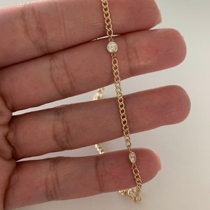 Curb Bracelet, 14K Gold Cuban Link Ankle Bracelet with CZ, Miami Curb Anklet, Yellow Gold Adjustable Anklet, Minimalist Body Foot Jewelry