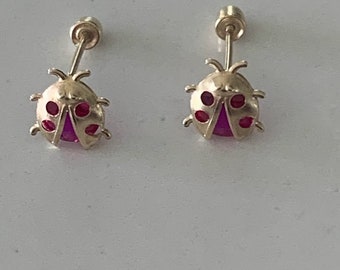 14K Red Bezel Ladybug Earrings, Dainty Earrings, Women Earrings, Kid Earrings, Solid Gold Ladybugs, Gold Ladybugs, Gold Earrings