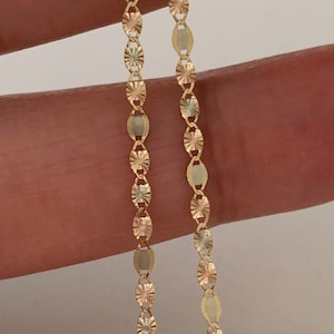 Solid 14K Tricolor Gold Chain, 2.1mm Flat Valentino Chain,  Shiny Diamond Cut, Dainty Mirror Chain, 14K Gold Choker, BEST SELLER