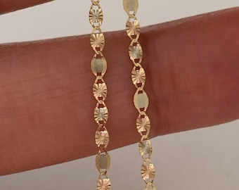 Solid 14K Tricolor Gold Chain, 2.1mm Flat Valentino Chain,  Shiny Diamond Cut, Dainty Mirror Chain, 14K Gold Choker, BEST SELLER