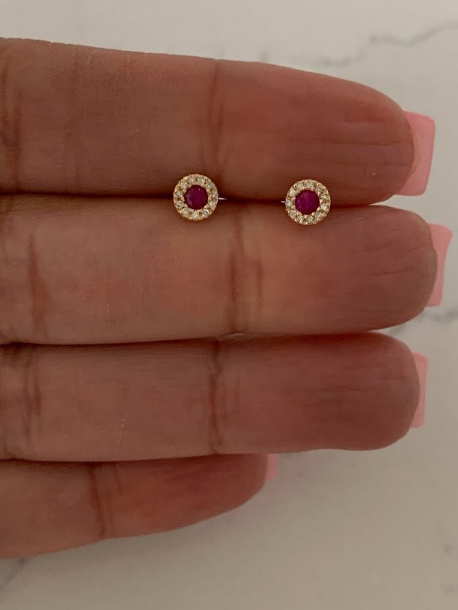 14K Gold Ruby with Diamonds Studs, Halo Earring, Yellow/White Gold Halo Round Prong Ruby Earrings, Dainty Earrings