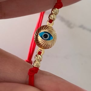 14K Gold Evil Eye Bracelet, Red String Gold Bracelet, Hamsa Evil Eye, Solid Gold Bracelet, Handmade, Yellow Gold, Gift For Protection, Gift