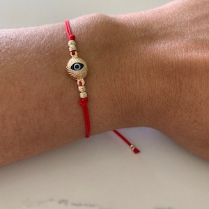 14K Gold Evil Eye Bracelet, Red String Gold Bracelet, Hamsa Evil Eye, Solid Gold Bracelet, Handmade, Yellow Gold, Gift For Protection, Gift