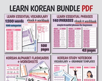 COREANO Impara il coreano ULTIMATE BUNDLE Vocabolario coreano, frasi coreane, alfabeto Hangul coreano, quaderno per lo studio della lingua coreana