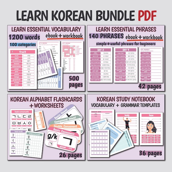 KOREAN Learn Korean ULTIMATE BUNDLE Korean Vocabulary, Korean Phrases, Korean Hangul Alphabet, Korean Language Study Notebook
