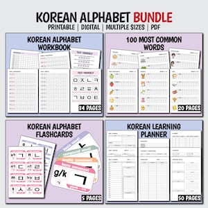 Puede incluir: Un paquete de alfabeto coreano, imprimible, digital y en múltiples tamaños en formato PDF. El paquete incluye un cuaderno de trabajo, tarjetas didácticas, un planificador de aprendizaje y una guía de 100 palabras más comunes. El cuaderno tiene 34 páginas.