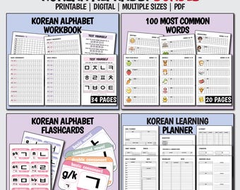 Learn Korean Alphabet Bundle 4-in-1 Digital PDF Set, Hangul Workbook, Flashcards, Common Words, Korean Study Planner