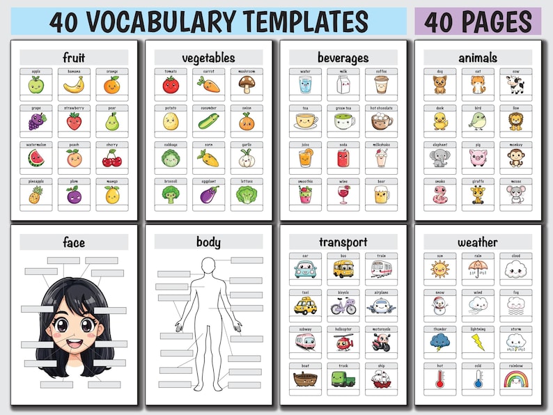 Planner voor taalonderwijs, notitieboek taalstudie, notitieboekje woordenschat, sjablonen voor woordenschat, dagboek voor het leren van talen afbeelding 2