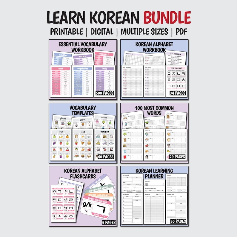 Learn Korean ULTIMATE BUNDLE Korean Vocabulary, Learn Korean Hangul Alphabet, Korean Language Study Notebook, Korean Flashcards image 1