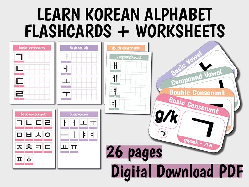 DIGITAL Korean Alphabet Flashcards, Learn Korean/hangul Flashcards