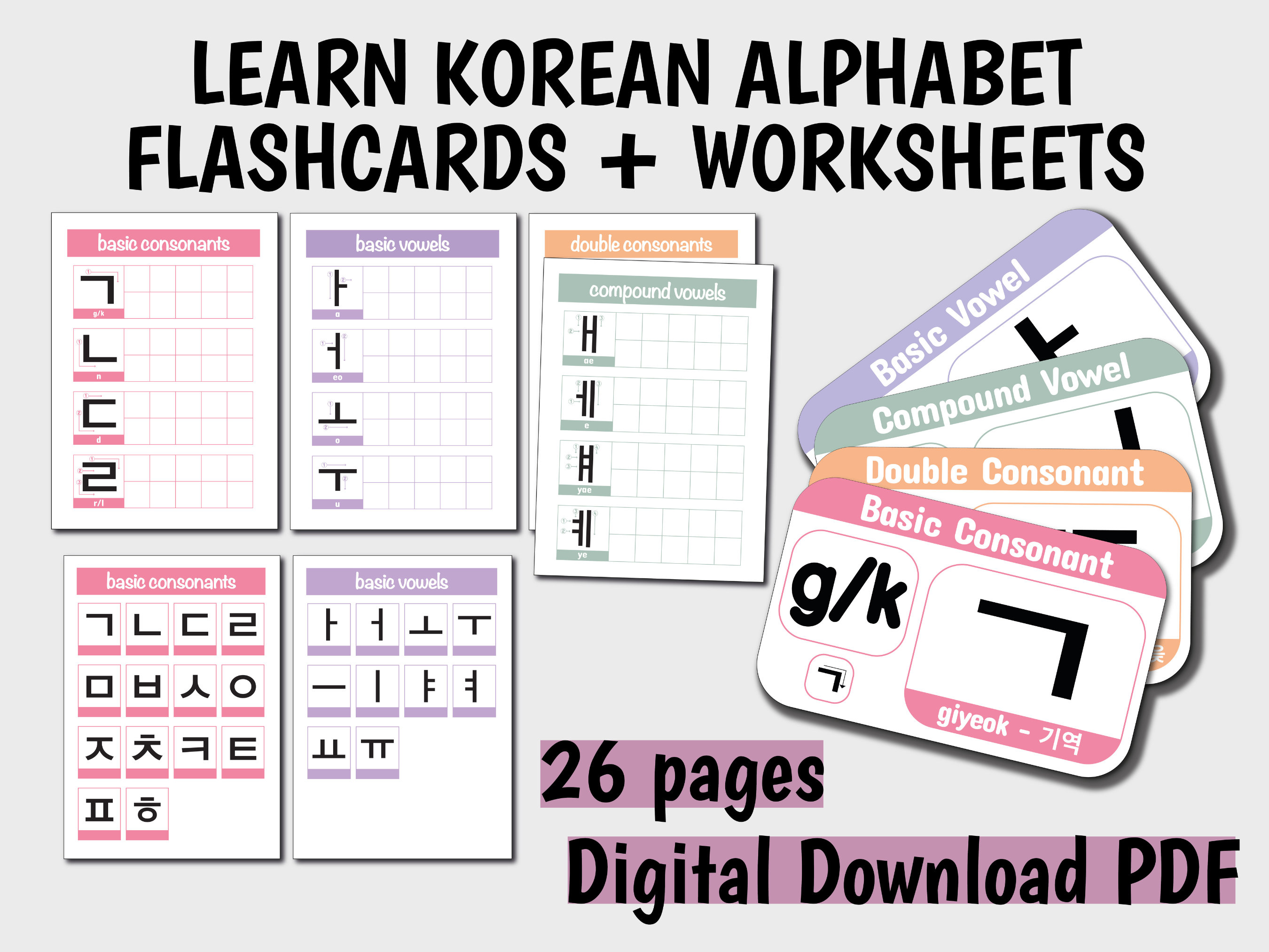 DIGITAL Korean Alphabet Flashcards, Learn Korean/hangul Flashcards ...