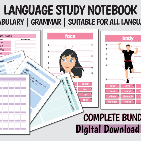 Language Learning Study Notebook, Vocabulary + Grammar Templates, Study Planner/Journal FOR ALL languages