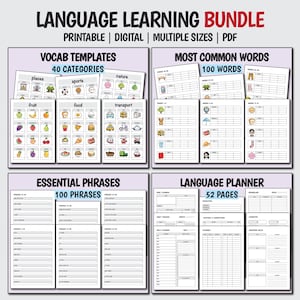 May include: A language learning bundle with printable and digital resources. Includes vocabulary templates with 40 categories, essential phrases, a language planner with 52 pages, and a list of the most common 100 words. The bundle is available in multiple sizes and PDF format.