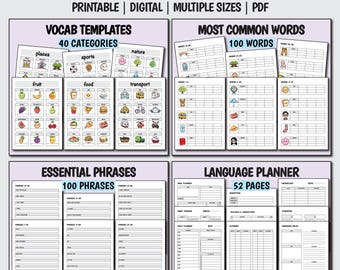 Pakiet do nauki języków, Planer nauki języków, Szablony słownictwa, Podstawowe zwroty, Zeszyt do nauki języków, Dziennik językowy