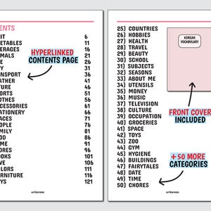 May include: A pink and white page with a list of 50 categories for a Korean vocabulary book. The categories include countries, hobbies, health, travel, beauty, school, subjects, seasons, about me, utensils, money, music, television, culture, occupation, groceries, space, toys, zoo, gym, hygiene, buildings, fairytales, date, time, and chores. The page also includes a front cover image of the book and a note that the front cover is included. The page also includes a note that there are 50 more categories available.