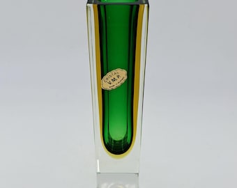 Vaso in vetro Murano Sommerso sfaccettato a 4 lati verde e giallo rif. Flavio Poli