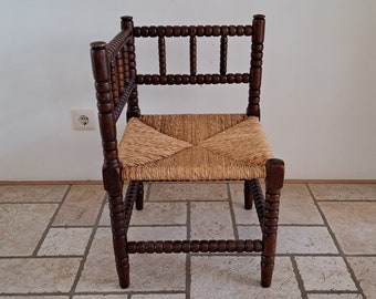 Antique beech wood hand-turned bobbin knitting chair with reed seat