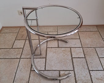 Vintage adjustable stainless steel and glass replica table - design by Irish Eileen Gray in 1927 E 1027