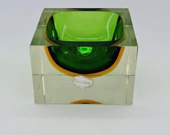Murano Sommerso green and yellow glass catch-all square bowl