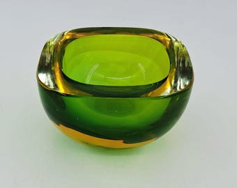 Cuenco de geoda de cristal verde y amarillo de Murano de Vetri D'Arte Seguso