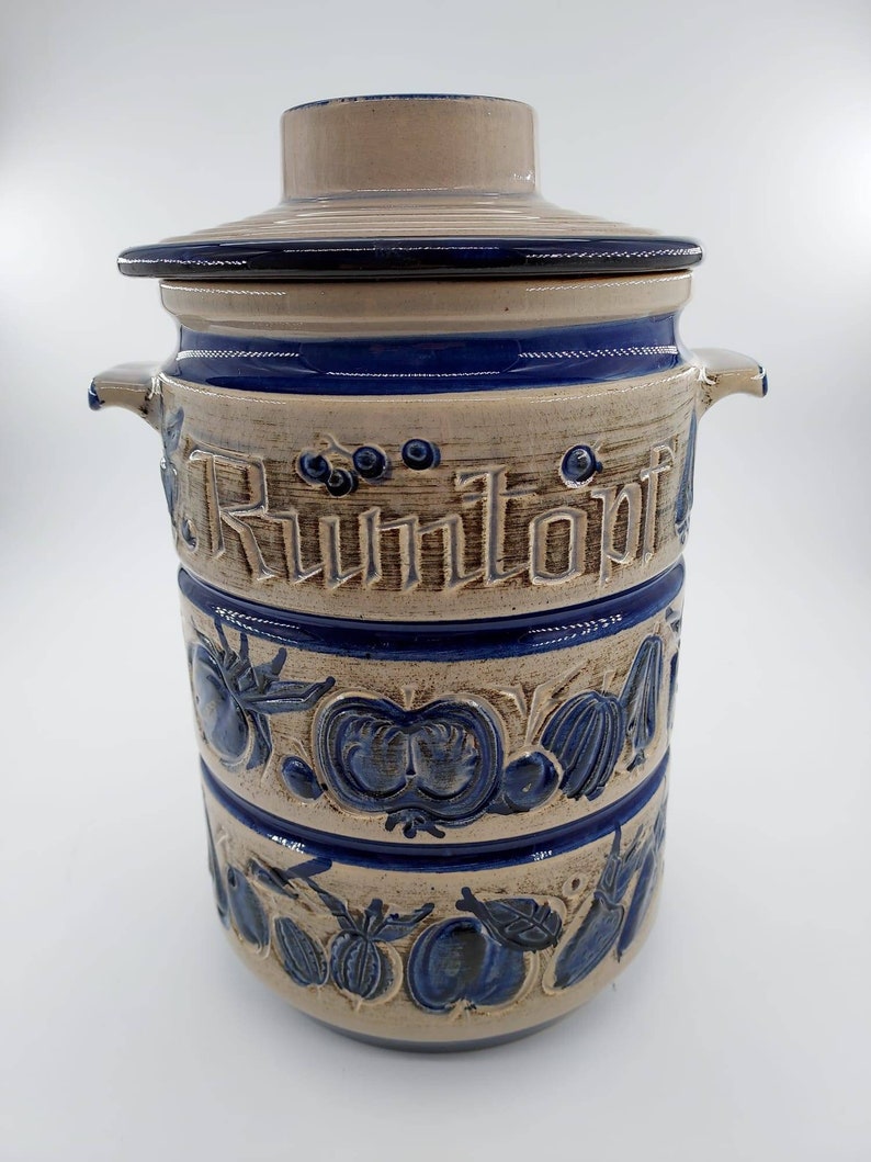 Peut inclure: Un pot en c&eacute;ramique avec un motif bleu et blanc. Le pot a un couvercle et est d&eacute;cor&eacute; d'images de fruits et de l&eacute;gumes. Le mot "Rumtopf" est &eacute;crit sur le pot.