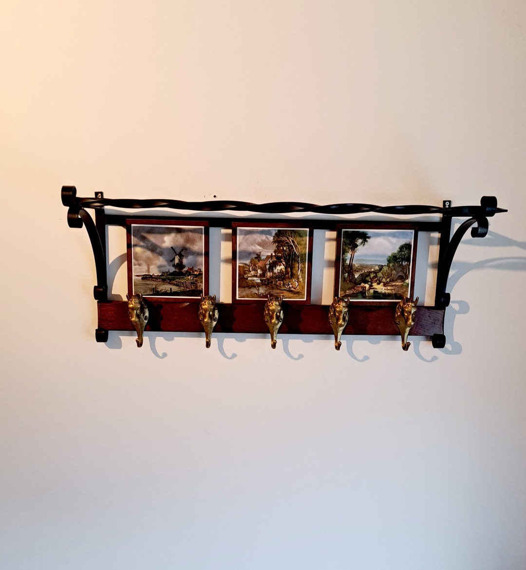 Vintage Wrought Iron Coat Rack With Decorative Tiles and Brass ...