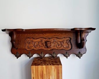 Vintage wooden oak hand-carved wall coat rack with six hooks