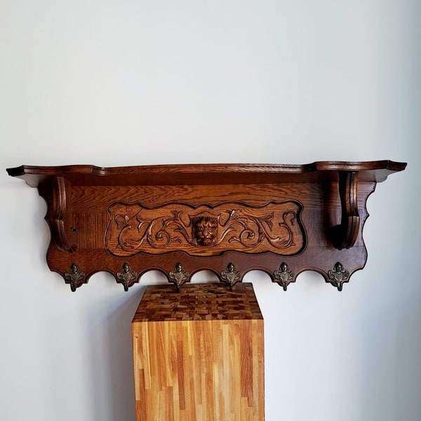 Vintage wooden oak hand-carved wall coat rack with six hooks