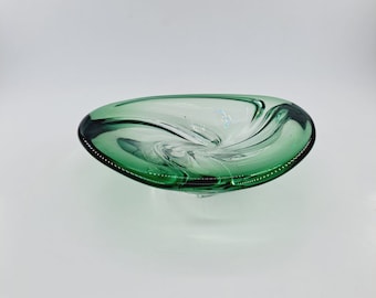 Vintage green glass bowl by René Delvenne for Val St Lambert signed