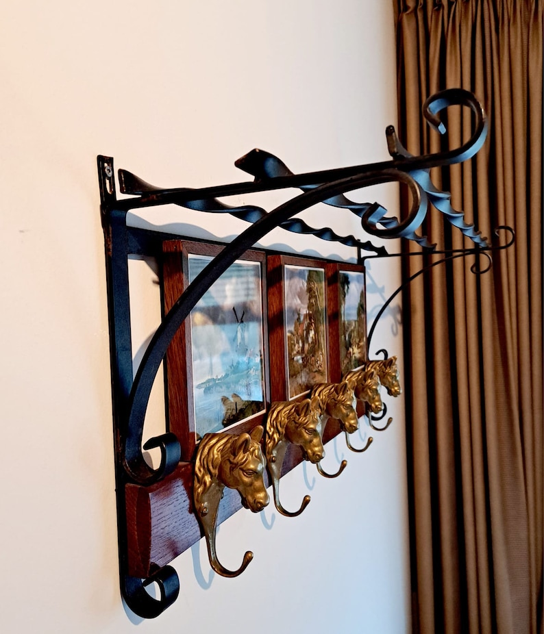 Vintage Wrought Iron Coat Rack With Decorative Tiles and Brass ...