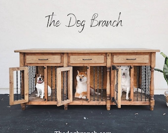 90" Triple Dog Kennel Furniture | Dog Crate Furniture with drawer | Wood Custom Dog Kennel Large Dog Kennel
