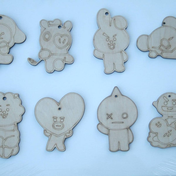 BT21 Wood Burned Ornament Decorative Hanger Characters One Sided Raw Wood or Brown Fiberboard