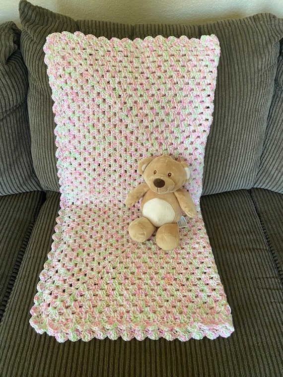 Crocheted Baby Blanket Soft Pink and Lime Green Baby Blanket Etsy
