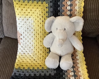 Crocheted Soft Yellow and Gray Baby Blanket