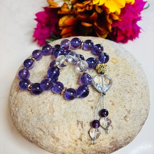 Mini Mala, Boho Pocket Mala, Worry Beads, Meditation Mala, Prayer Beads, 27 Bead Amethyst and Clear Quartz Mala