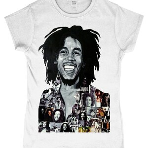 May include: A white t-shirt featuring a black and white image of Bob Marley. The image is a collage of various photos of Marley, including a close-up of his face.