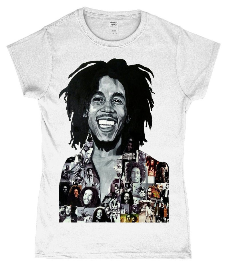 May include: A white t-shirt featuring a black and white image of Bob Marley. The image is a collage of various photos of Marley, including a close-up of his face.