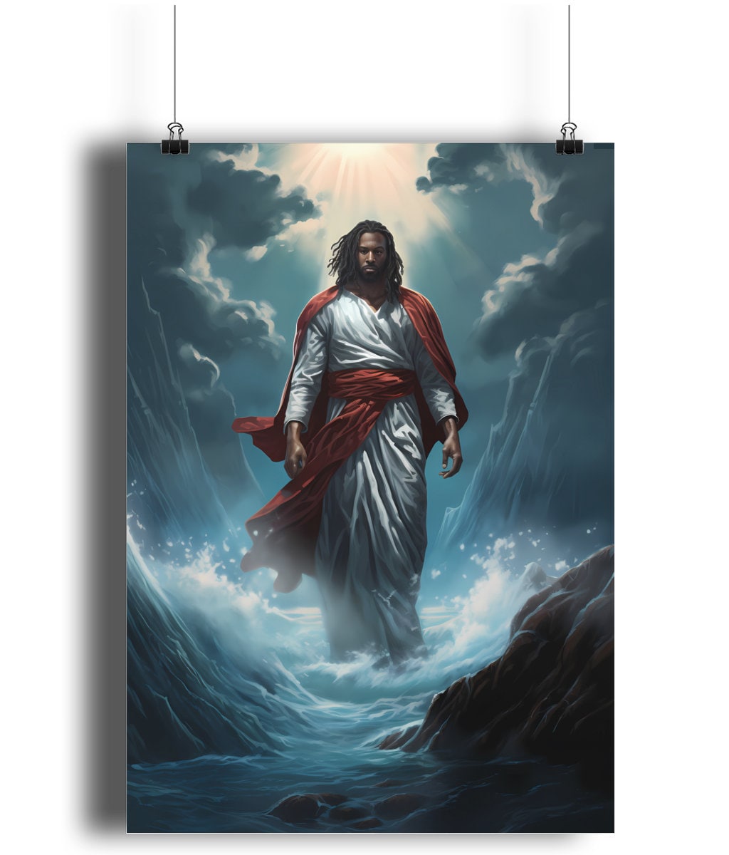 Black Jesus Walking on Water Poster, Jesus Christ Wall Art, Christian
